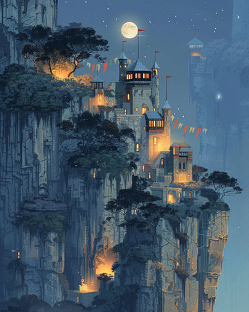 Fantasy landscape with castle on the cliff at night. Digital painting.の素材