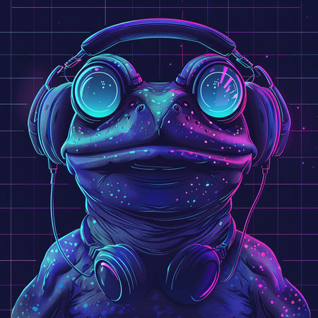 Frog listening to music with headphones. Vector illustration in neon style.の素材