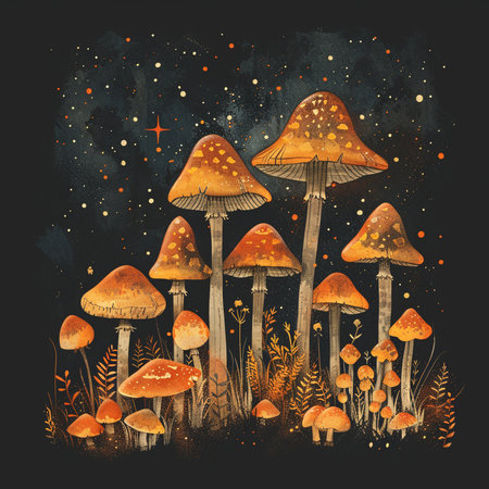 Magic mushrooms. Hand drawn watercolor illustration on a dark background.の素材