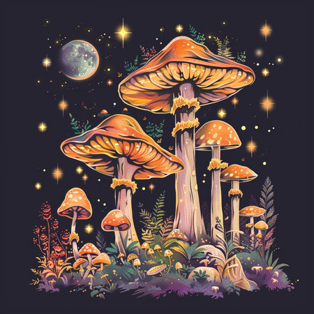 Beautiful magic mushrooms in the forest at night. Vector illustration.の素材