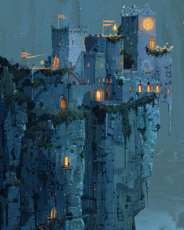 Digital illustration of an old castle in a fantasy landscape. Conceptual artの素材