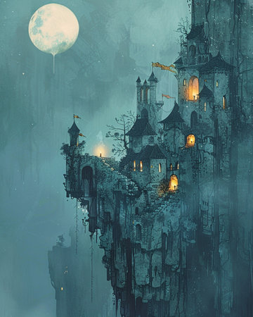 Fantasy landscape with castle and moon. Digital painting. Illustration.の素材