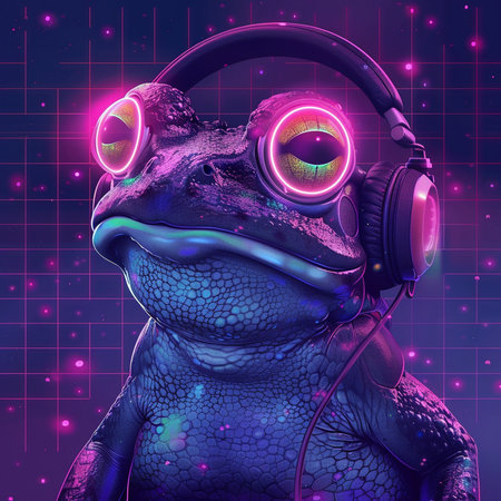 Frog listening to music with headphones. 3D illustrations. Neon lights.の素材