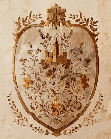 Old heraldic shield with medieval castle on it and floral ornament.の素材