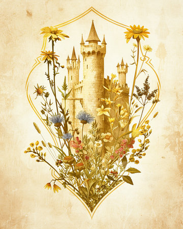 Vintage background with castle and wildflowers. Hand drawn illustration.の素材