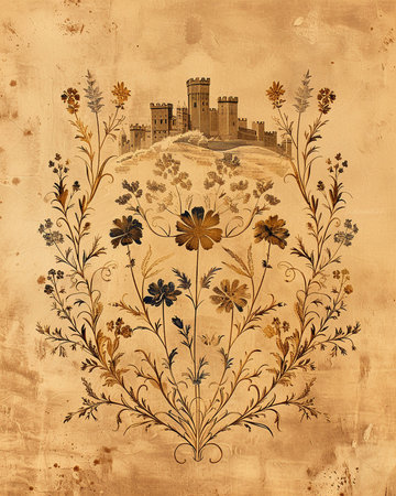 Vintage background with castle and flowers. Hand-drawn illustration.の素材