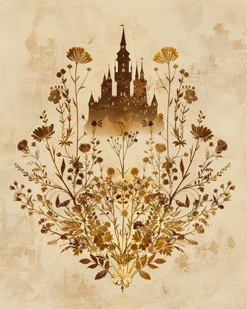Vintage background with castle and flowers. Hand drawn vector illustration.の素材