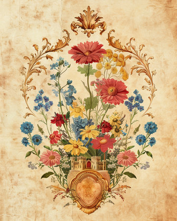 Vintage floral background with flowers and frame. Old paper texture.の素材