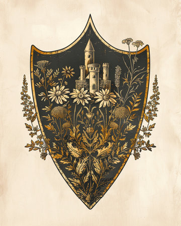 Heraldic shield with medieval castle and flowers. Vector illustration.の素材