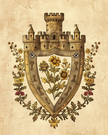 Vintage heraldic shield with medieval castle and wildflowers.の素材