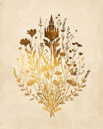 Grunge illustration with castle and wildflowers. Vector illustration.の素材