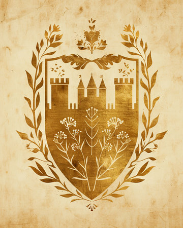 Grunge background with medieval castle and laurel wreath.の素材