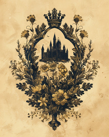 Hand drawn illustration with castle, flowers and crown. Victorian style.の素材