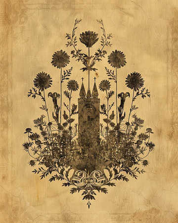 Vintage background with castle and flowers. Hand-drawn illustration.の素材