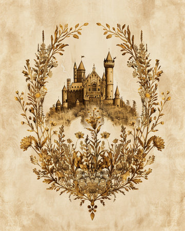 Vintage background with castle and floral elements. Hand drawn illustration.の素材