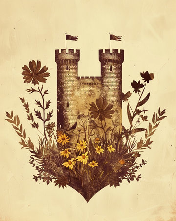 grunge image of a castle with flowers and leaves on vintage backgroundの素材