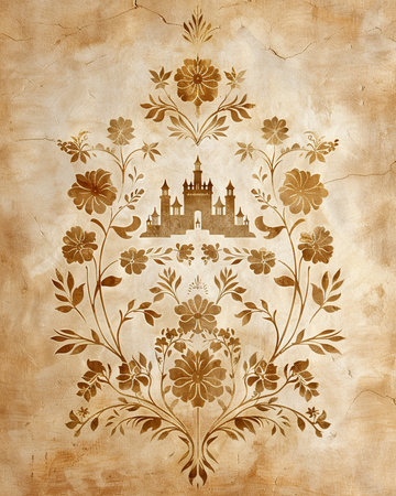 Grunge background with floral ornament and castle. Vector illustration.の素材