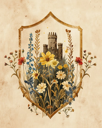 Vintage background with castle and wildflowers. Hand drawn illustration.の素材