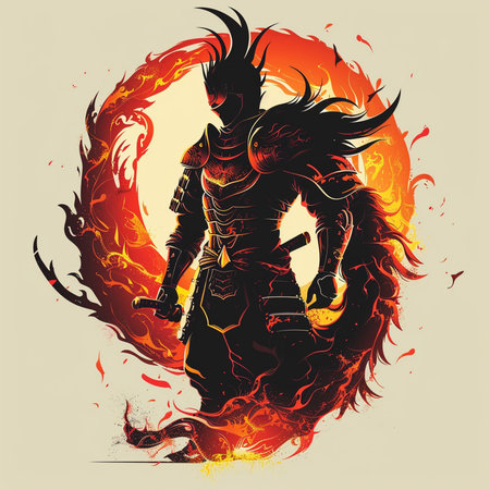Samurai warrior on fire background. Vector illustration for your design.の素材