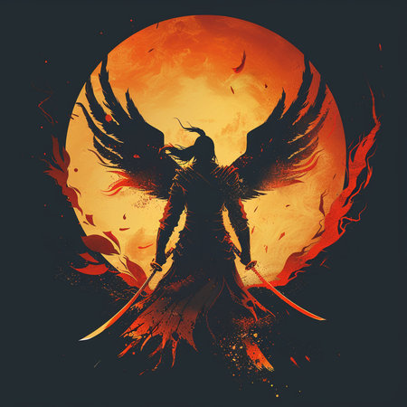 Grunge illustration of a woman with wings and fire background.の素材