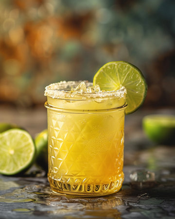 Cocktail with lime and ice on a dark background. Selective focus.の素材