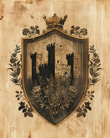Medieval shield with medieval castle and crown over grunge paper backgroundの素材