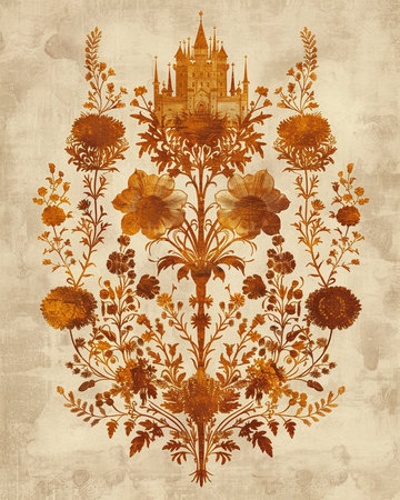 Vintage background with medieval castle and floral ornament. Vector illustration.の素材
