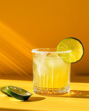Cocktail with lime and ice on a yellow background. Copy space.の素材