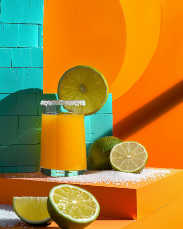 Cocktail with lime and ice on a background of orange wallの素材