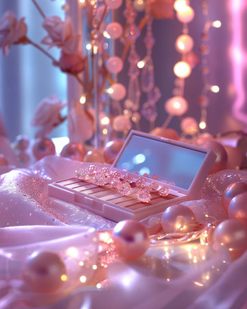 laptop and beads on a background of pink fabric and garlandsの素材