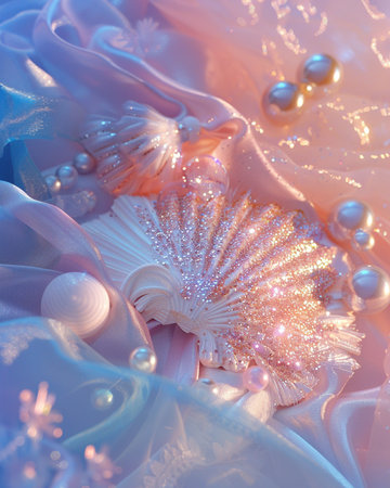 Beautiful background with pearls and seashells, soft focusの素材