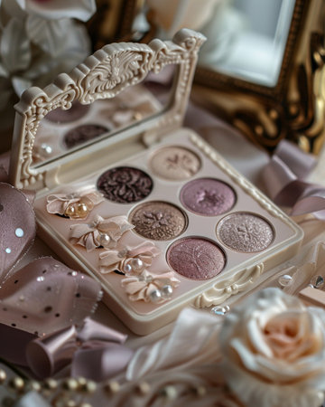Makeup products in a box with a mirror on a background of flowersの素材