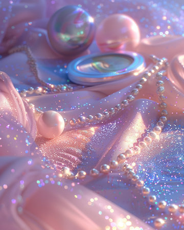 pearls and pearls on a soft pink satin backgroundの素材