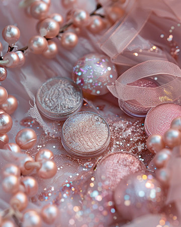 Jewelry on the background of a pink fabric with pearlsの素材