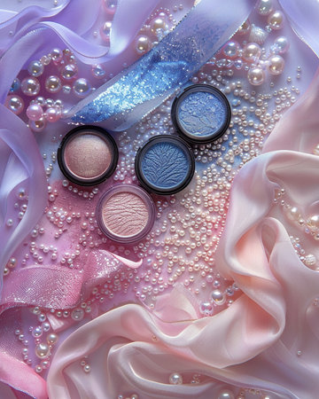 Cosmetic branding, mua and girly concept - Eyeshadow palette and pearls on silk background, eye shadows cosmetics product for luxury beauty brand promotion and holiday fashion blog designの素材