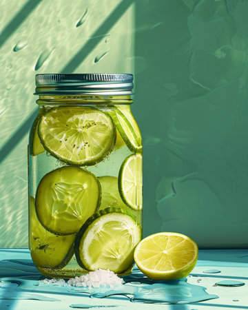 Mason jar of fresh lemonade with cucumber slices and salt on blue backgroundの素材