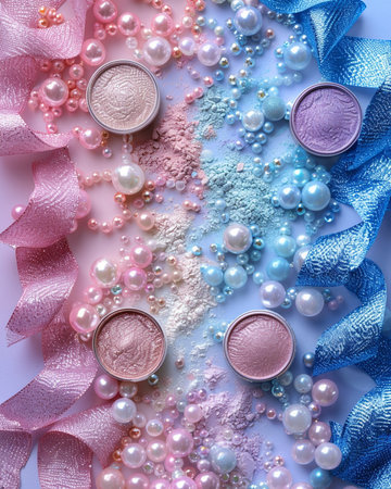 Collage with different cosmetic products on light blue background. Top view.の素材