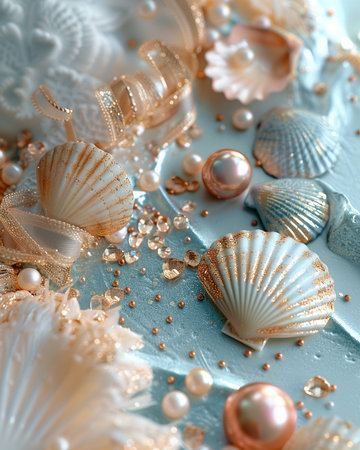 Seashells and pearls on a blue background close upの素材