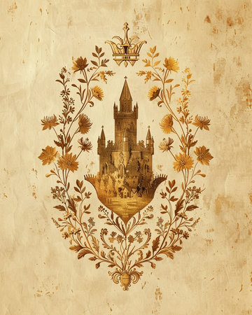 Vintage royal coat of arms with medieval castles and flowers. Old paper texture.の素材