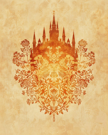 Heraldic castle on old paper texture background. Vector illustration.の素材