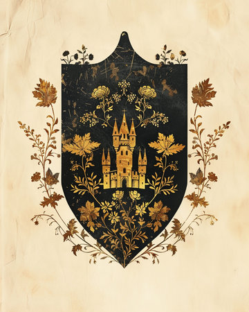 Vintage heraldic shield with medieval castle on grunge background.の素材