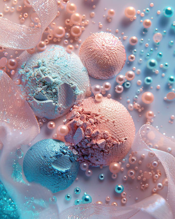 Macro shot of colorful eye shadow balls on pastel background.の素材