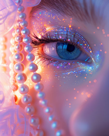 Close-up portrait of beautiful woman's eye with pearl necklace.の素材