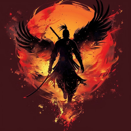 Indian warrior with sword and wings on fire background. Vector illustration.の素材