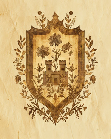Medieval coat of arms on old paper background. Vintage styles.の素材
