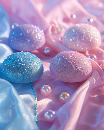 Easter eggs on a background of pink silk and pearls.の素材
