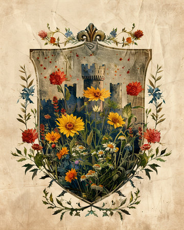 Vintage heraldic shield with medieval castle and wildflowers.の素材