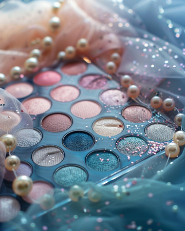 eyeshadow palette and pearls on a blue background close upの素材