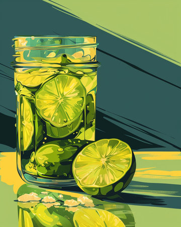 Illustration of lemonade in a glass jar with lime slices.の素材