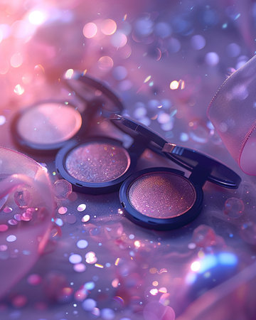 eyeshadow palette and pink bow on bokeh background.の素材